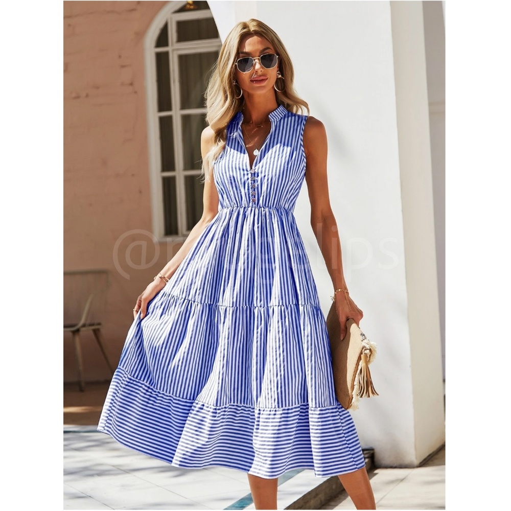 Rouge! Blue and White Striped Midi Dress